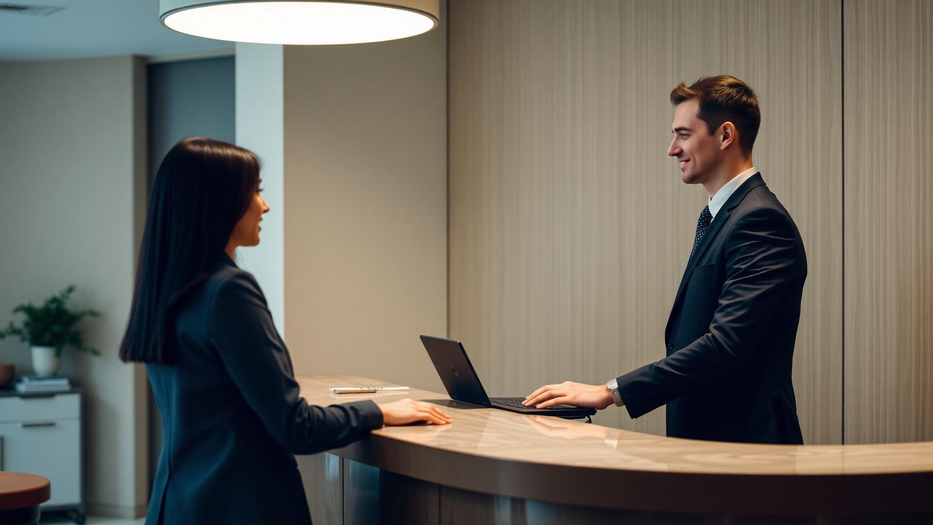 Receptionist verwelkomt een gast bij de hotelbalie