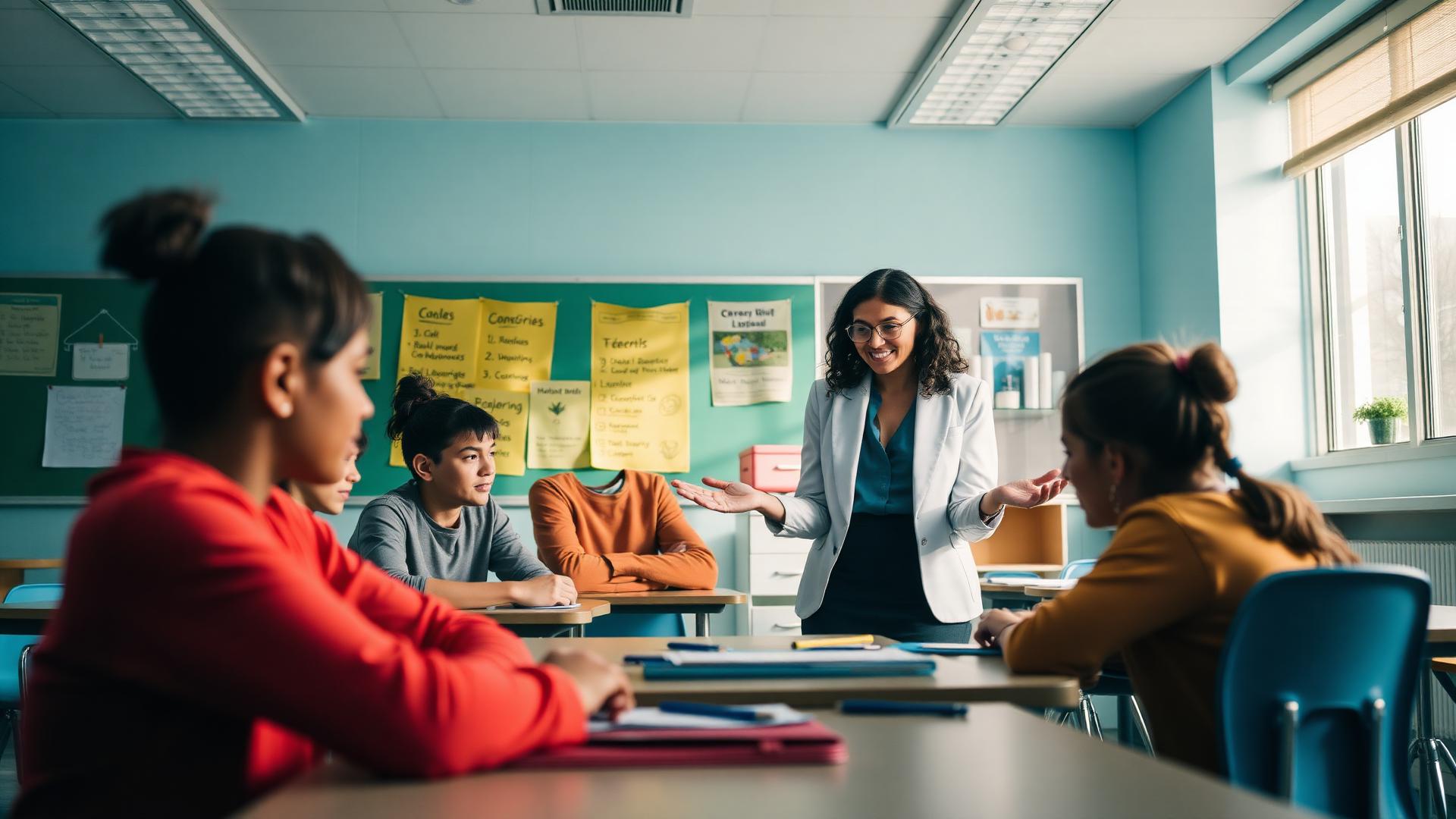 Leerkracht begeleidt leerlingen in een klaslokaal