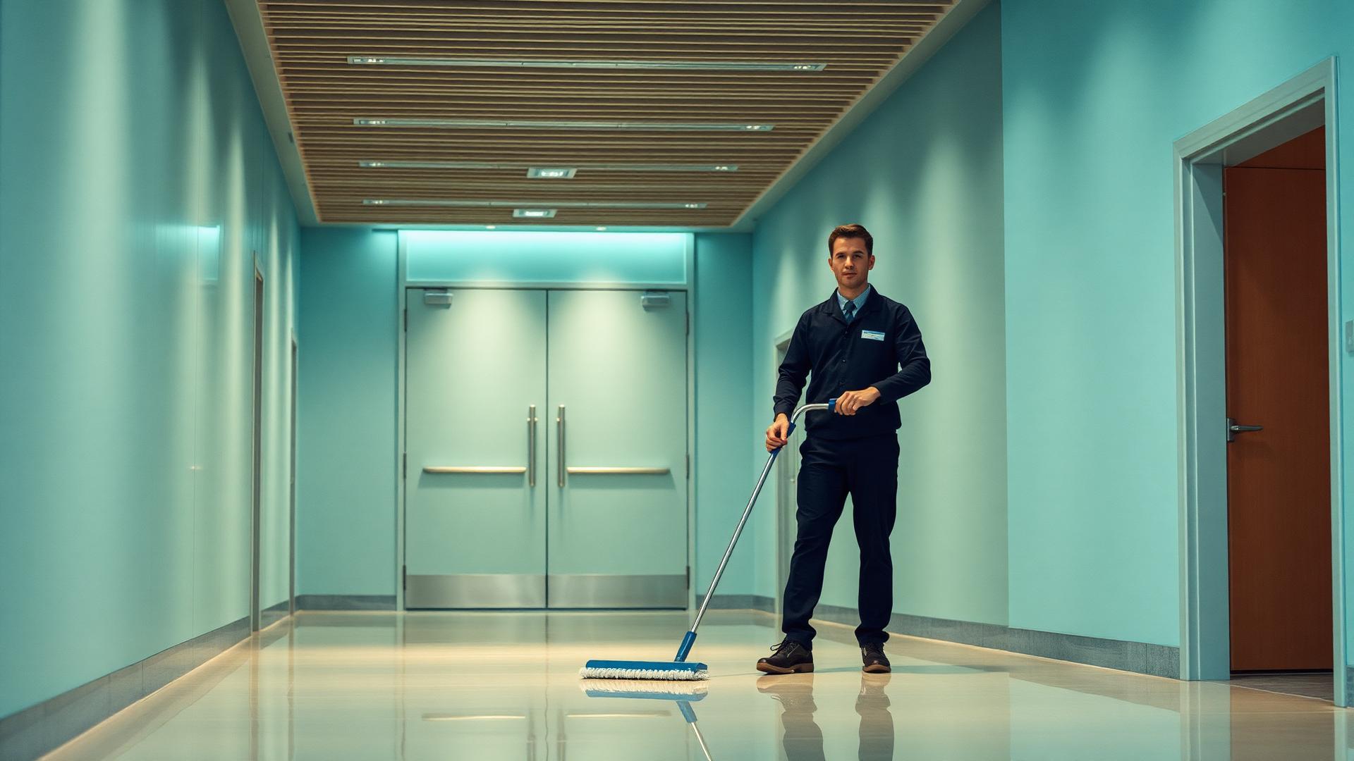 Schoonmaakmedewerker in een moderne kantoorlobby