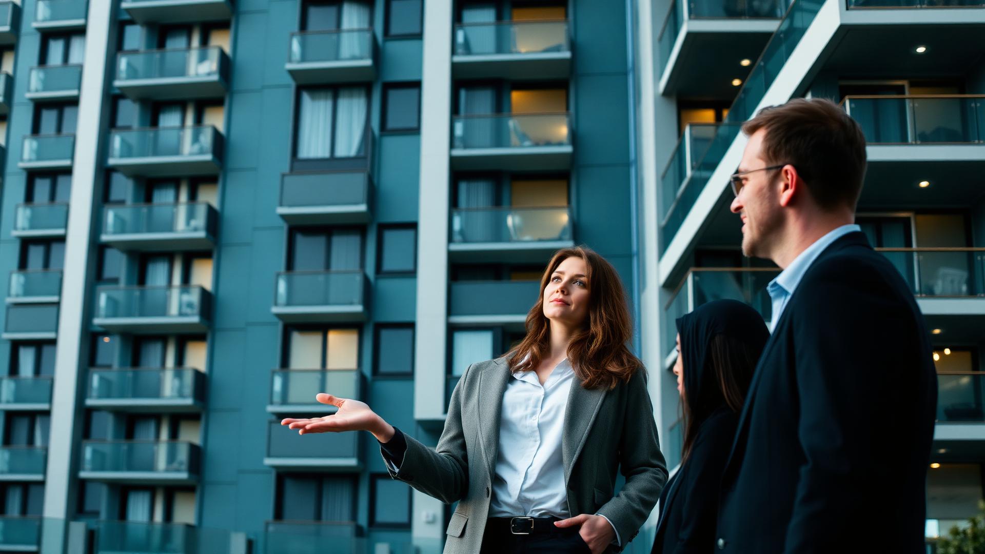 Makelaar toont een appartementencomplex aan klanten